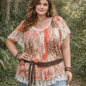 Bila boho lace trim animal print paisley       tie-dye crinkle shirt top size 2X